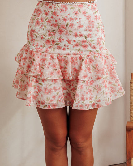 Pink High Waist Ruffle Mini Skirt Floral