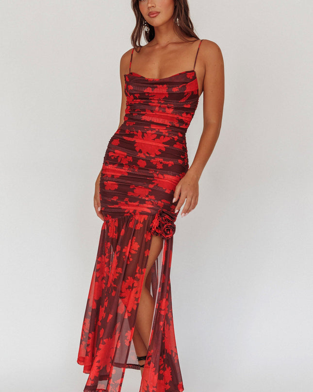 Red Show Ruched Mesh Maxi Dress Floral