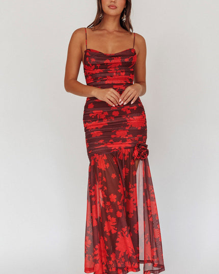 Red Show Ruched Mesh Maxi Dress Floral