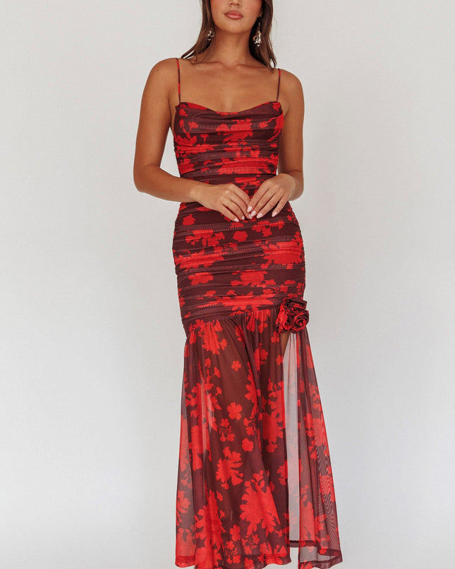 Red Show Ruched Mesh Maxi Dress Floral