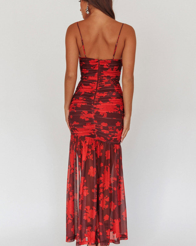 Red Show Ruched Mesh Maxi Dress Floral