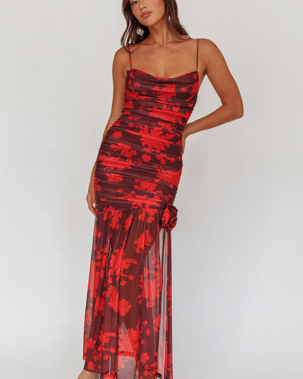 Red Show Ruched Mesh Maxi Dress Floral