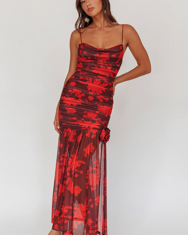 Red Show Ruched Mesh Maxi Dress Floral