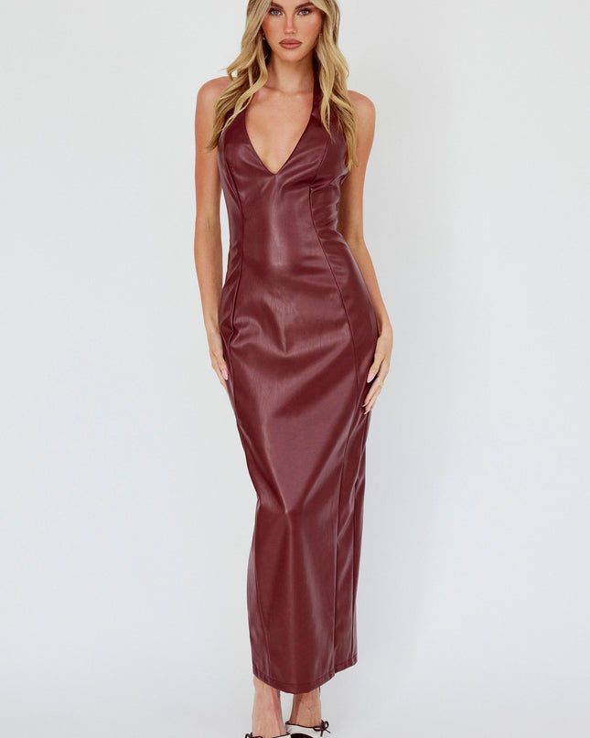Wine Halterneck Faux Leather Maxi Dress