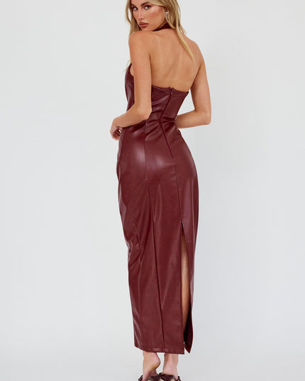 Wine Halterneck Faux Leather Maxi Dress