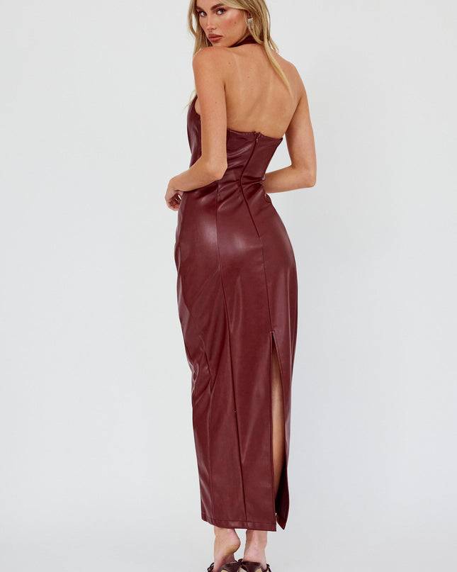 Wine Halterneck Faux Leather Maxi Dress