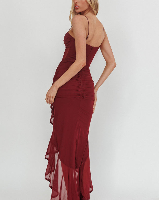 Wine Sheer Waist Ruched Ruffle Maxi Dress