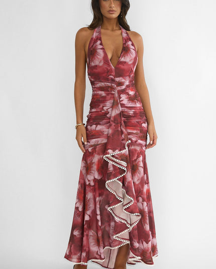 Red Ruched Ruffle Maxi Dress Floral