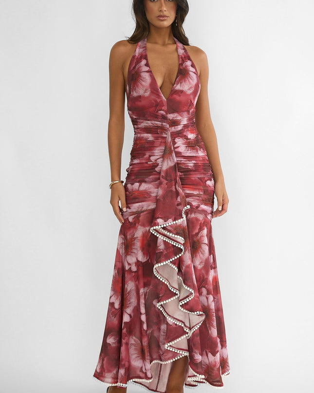 Red Ruched Ruffle Maxi Dress Floral