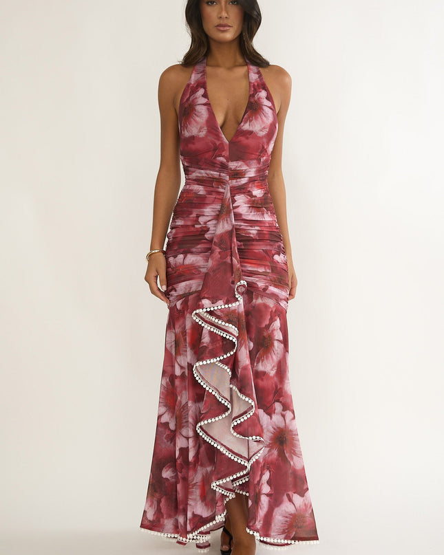 Red Ruched Ruffle Maxi Dress Floral