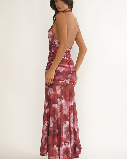 Red Ruched Ruffle Maxi Dress Floral