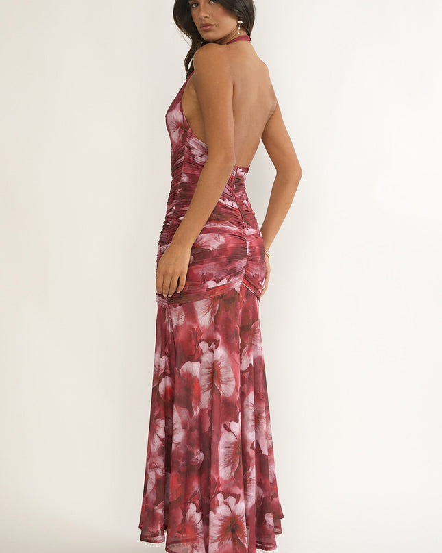 Red Ruched Ruffle Maxi Dress Floral