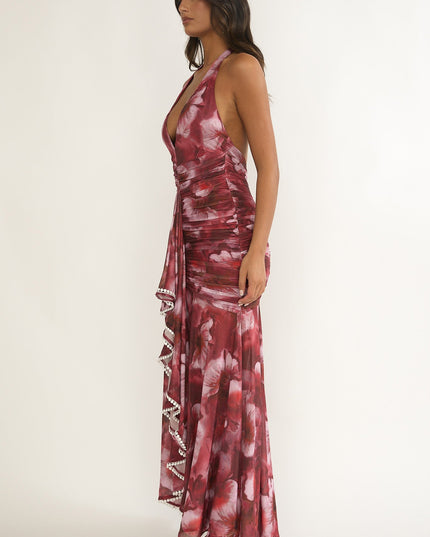 Red Ruched Ruffle Maxi Dress Floral