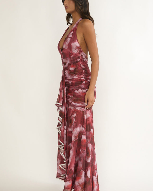 Red Ruched Ruffle Maxi Dress Floral