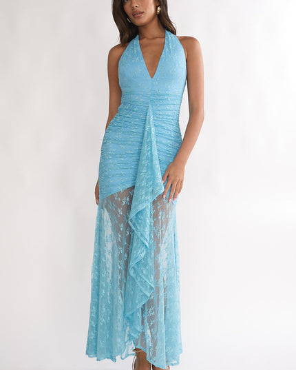 Teal Ruched Ruffle Maxi Dress Lace