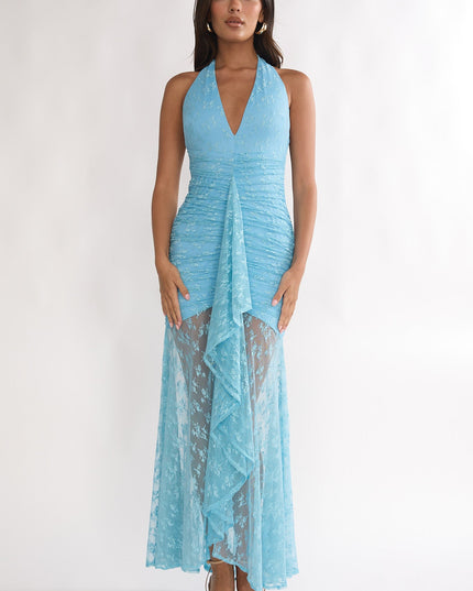 Teal Ruched Ruffle Maxi Dress Lace