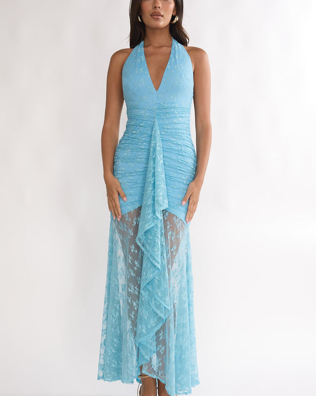 Teal Ruched Ruffle Maxi Dress Lace