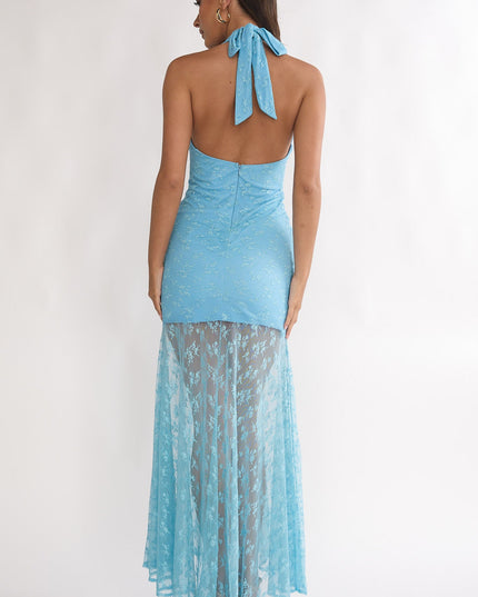 Teal Ruched Ruffle Maxi Dress Lace