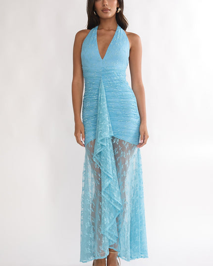 Teal Ruched Ruffle Maxi Dress Lace