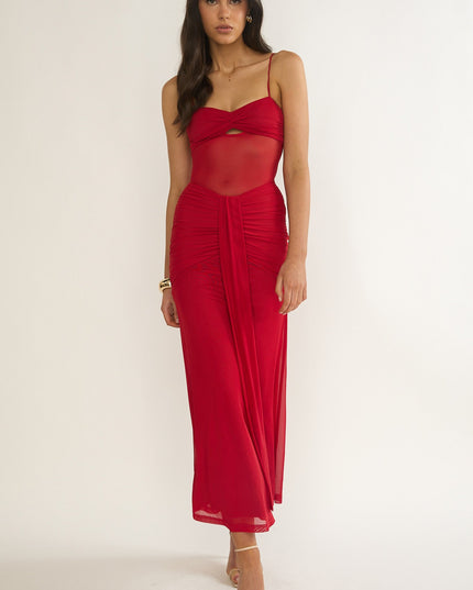 Red Ruched Sheer Waist Maxi Dress