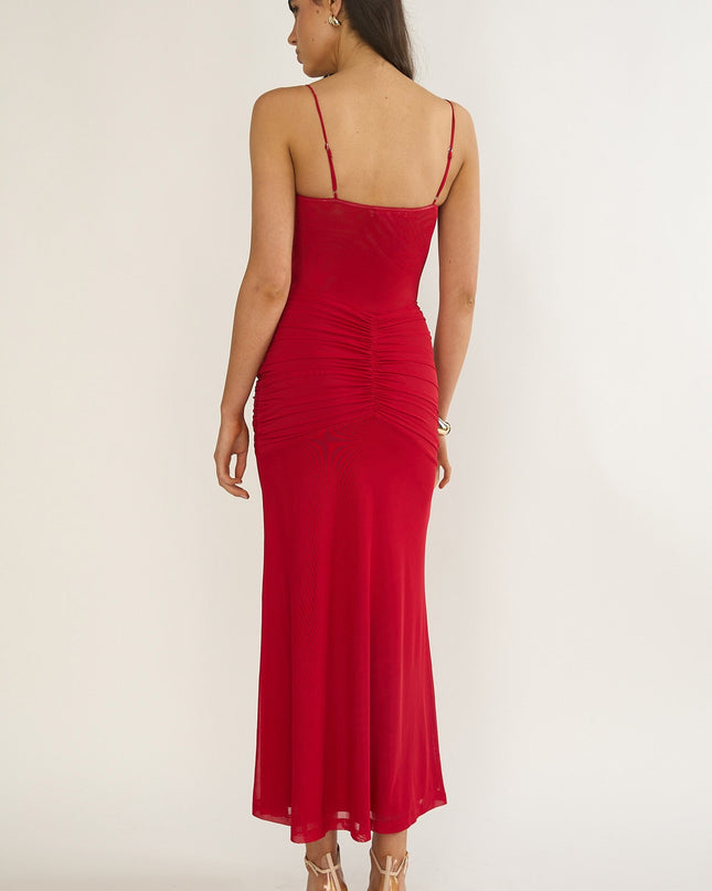 Red Ruched Sheer Waist Maxi Dress