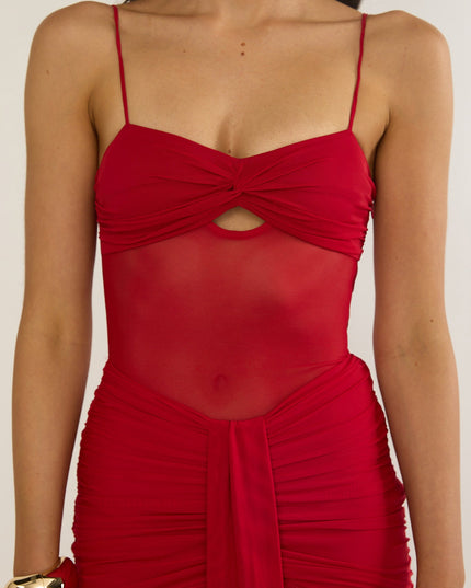 Red Ruched Sheer Waist Maxi Dress