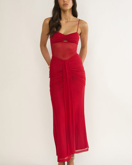 Red Ruched Sheer Waist Maxi Dress