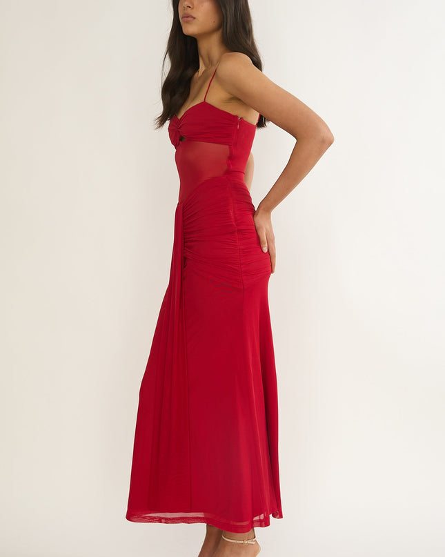 Red Ruched Sheer Waist Maxi Dress