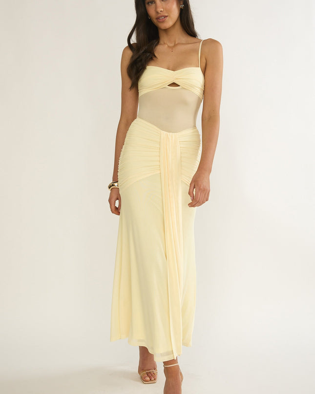 Yellow Ruched Sheer Waist Maxi Dress
