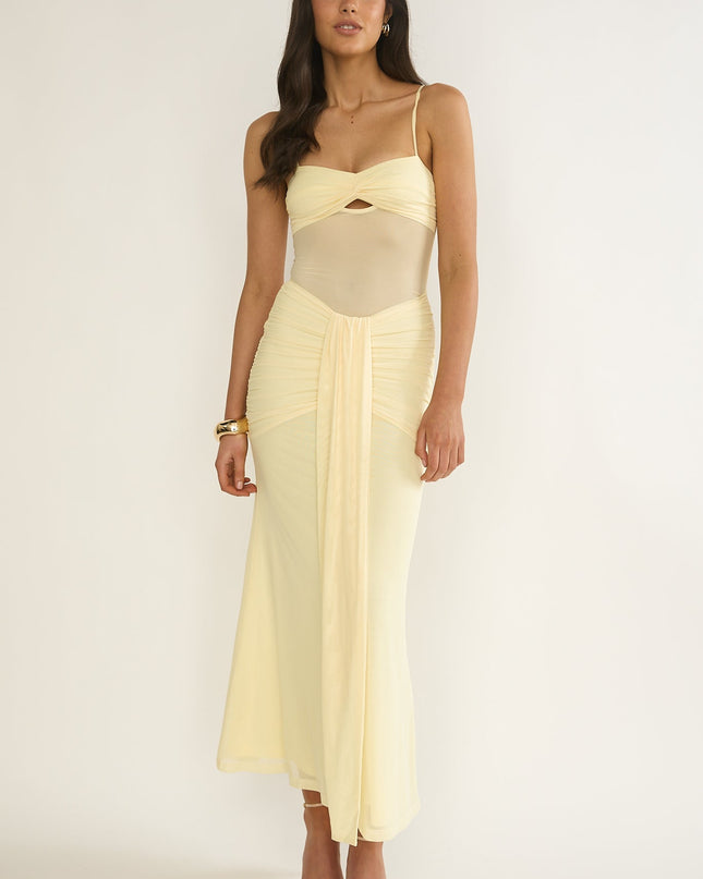 Yellow Ruched Sheer Waist Maxi Dress