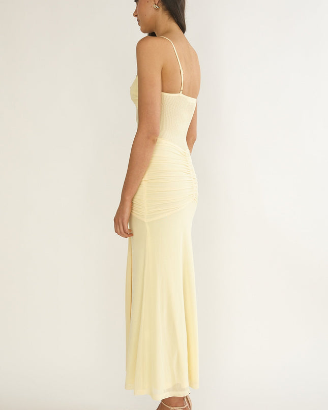 Yellow Ruched Sheer Waist Maxi Dress
