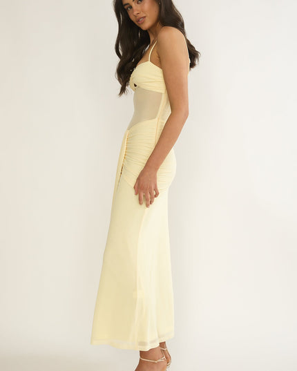 Yellow Ruched Sheer Waist Maxi Dress