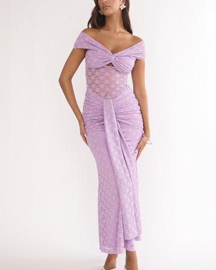 Lilac Ruched Lace Maxi Dress