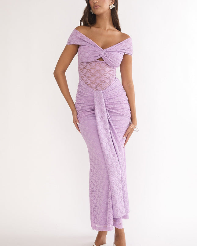 Lilac Ruched Lace Maxi Dress