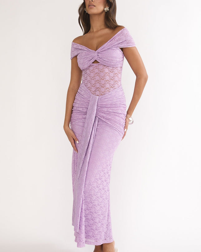 Lilac Ruched Lace Maxi Dress