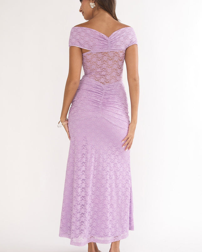 Lilac Ruched Lace Maxi Dress