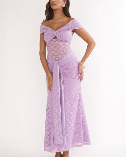 Lilac Ruched Lace Maxi Dress