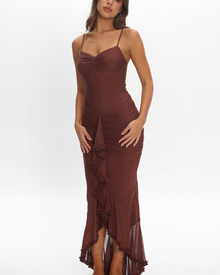 Maroon Gathered Cascading Ruffle Midi Dress