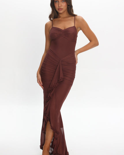 Maroon Gathered Cascading Ruffle Midi Dress