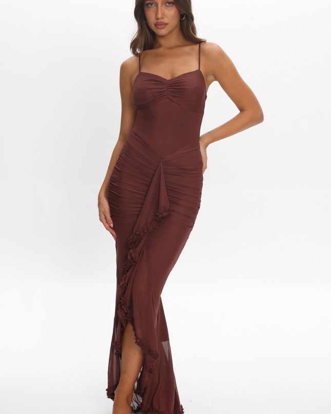 Maroon Gathered Cascading Ruffle Midi Dress