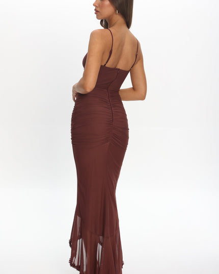 Maroon Gathered Cascading Ruffle Midi Dress