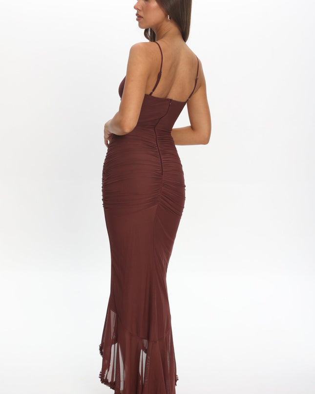 Maroon Gathered Cascading Ruffle Midi Dress