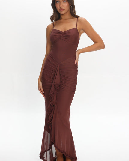 Maroon Gathered Cascading Ruffle Midi Dress