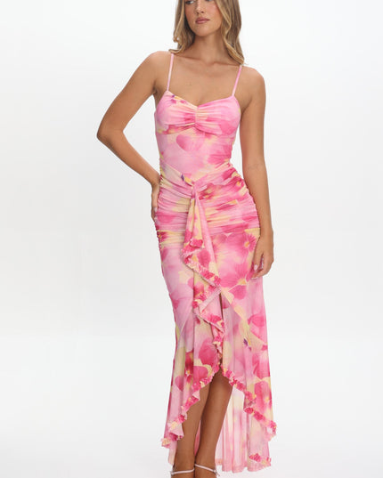 Pink Ruched Waist Ruffle Maxi Dress Print