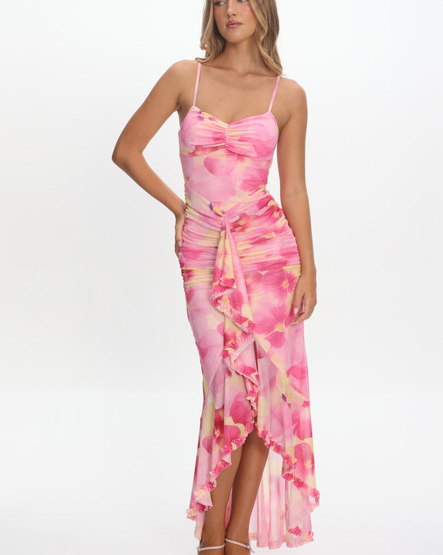 Pink Ruched Waist Ruffle Maxi Dress Print