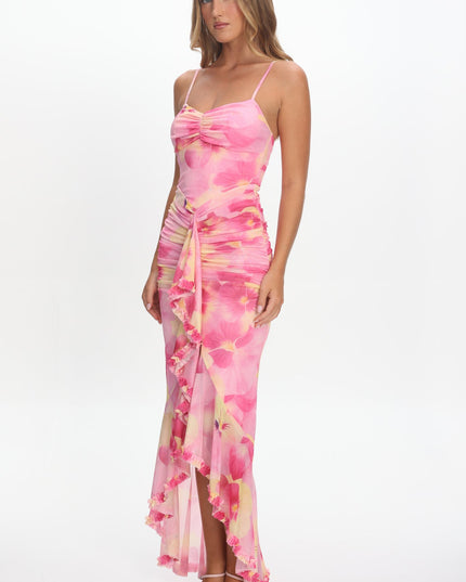 Pink Ruched Waist Ruffle Maxi Dress Print