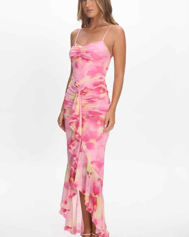 Pink Ruched Waist Ruffle Maxi Dress Print