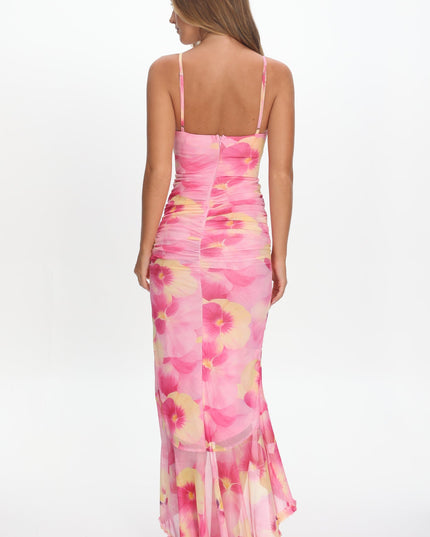 Pink Ruched Waist Ruffle Maxi Dress Print