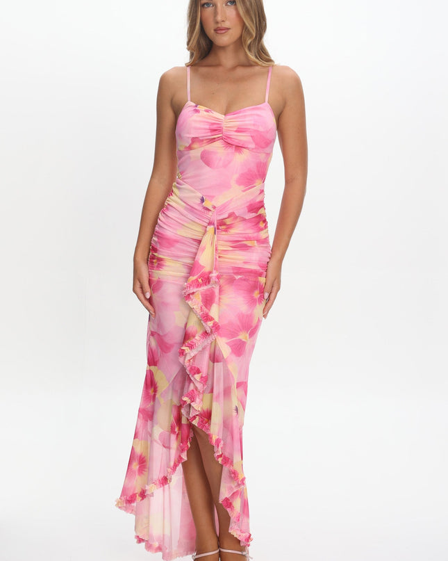 Pink Ruched Waist Ruffle Maxi Dress Print