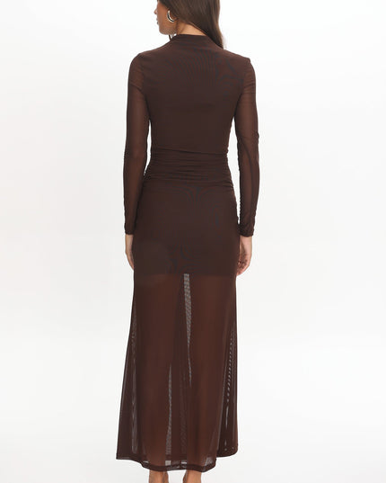 Chocolate Long Sleeve Mesh Maxi Dress